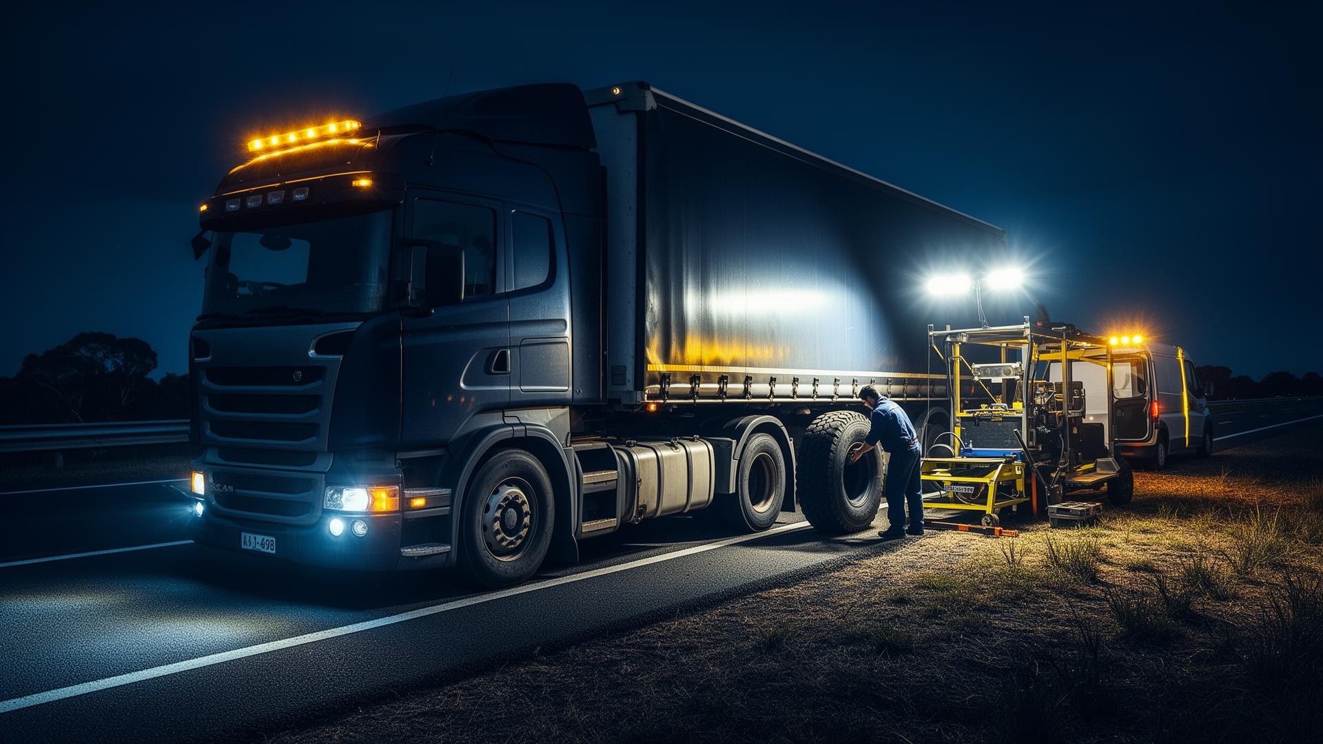 Mobile truck tyre repair on a highway at night